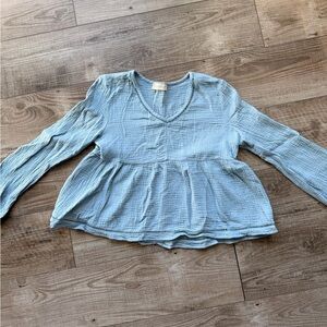 Light Blue Long Sleeve Peplum V-Neck Top - small